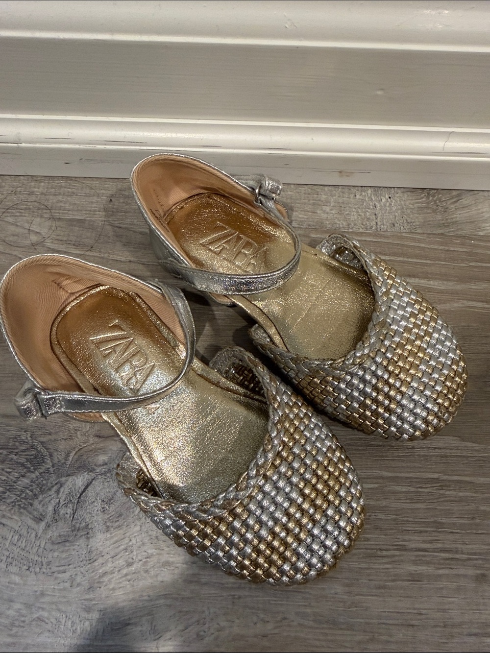 Zara Mixed-Metal Woven Ankle-Strap Flats — Silver & Gold